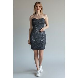 Womens Strapless Floral Brocade Mini Dress Sweetheart Metallic Black Party